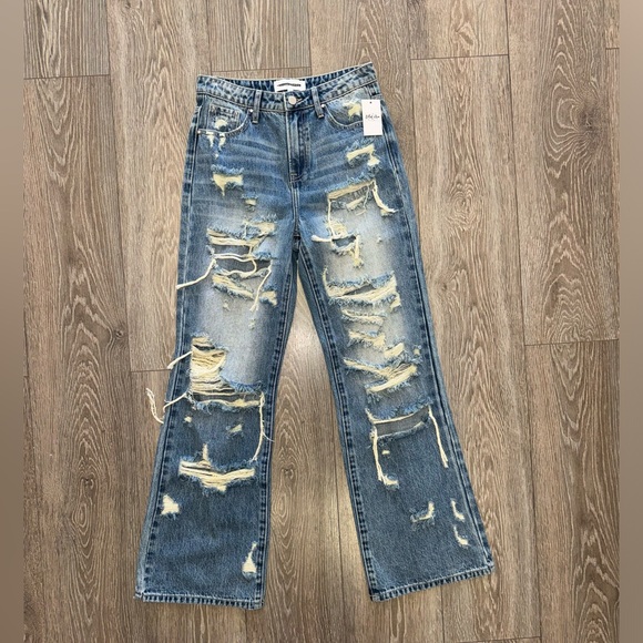 RISEN HIGH RISE DISTRESSED WIDE LEG JEANS - Picture 1 of 4